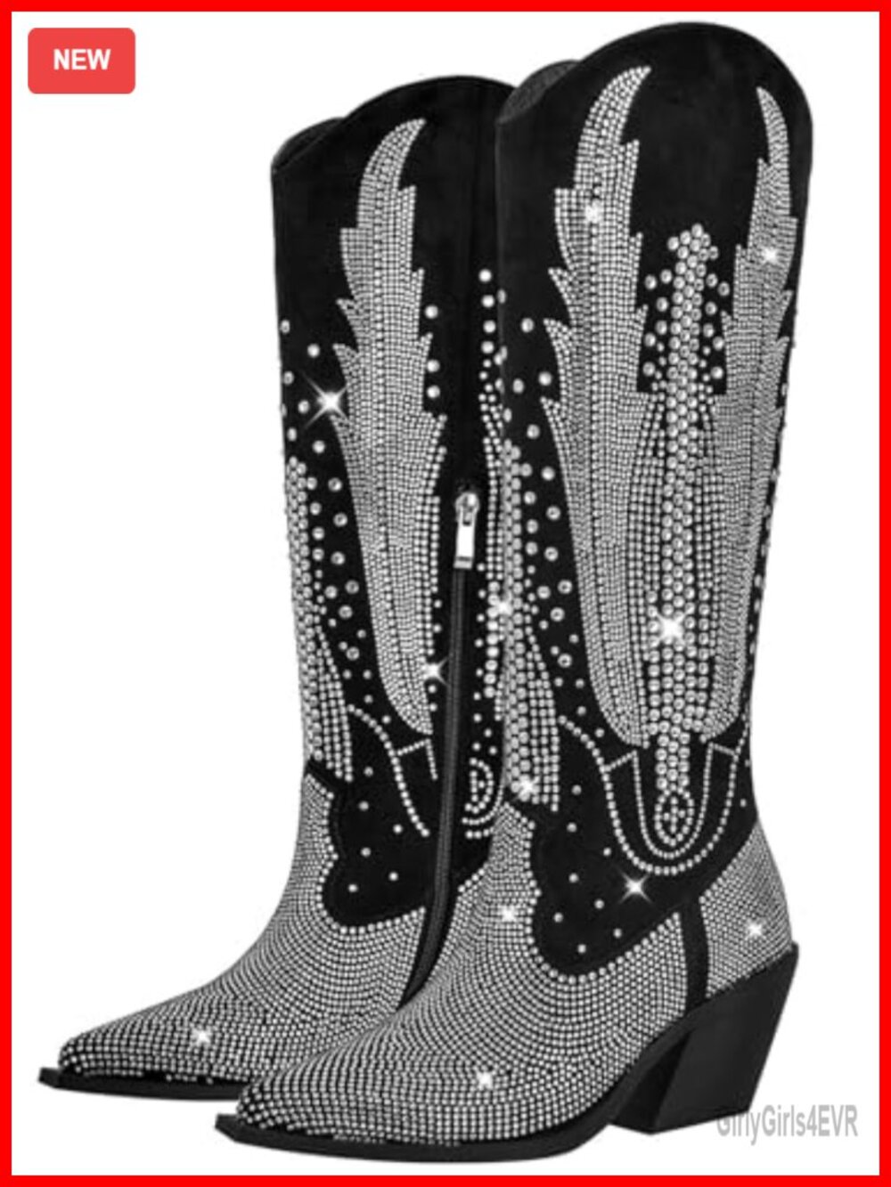 Knee High Cowboy Boots for Women Bling Rhinestone Pointed Toe Chunky Heel Pull